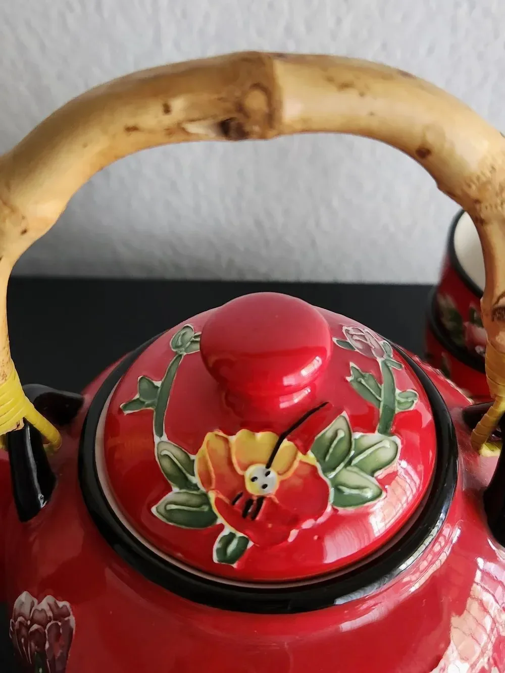 Pier 1 Imports Peony Hand-Painted Stonewear Teapot With Two Tea Cups